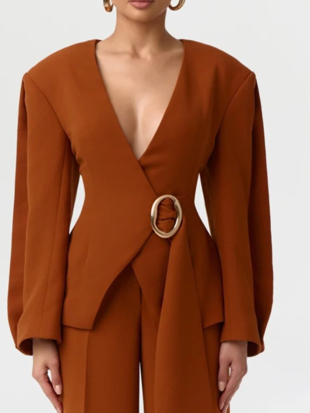Naked Wardrobe Suited Belted Ring Blazer Caramel Brown Long Sleeve Size M NWT